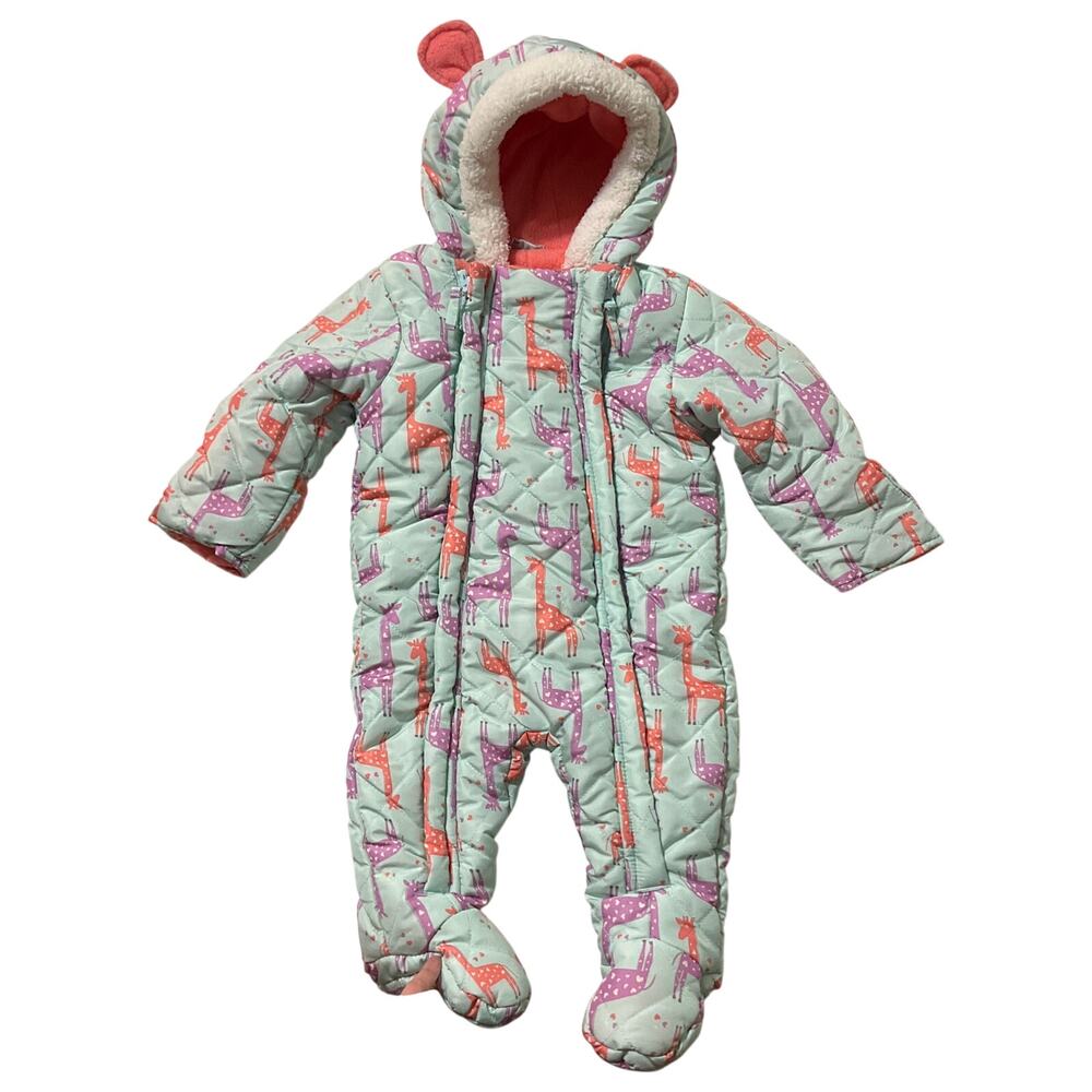 Wippette Kids Girls Puffer Snowsuit 6M / 9M Blue Footed Mittens Fleece Giraffes